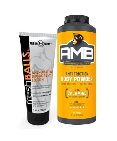 Anti-Monkey Butt Powder AMB 8oz Anti-chafing Powder and Fresh Balls Lotion 3.4oz Men's Lotion to Powder Ball Deodorant - No Sweat Bundle Hygiene for Groin Area 5.7 Ounce (Pack of 2)