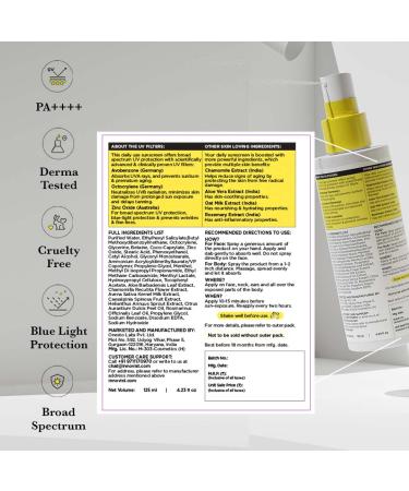 Hydrating Face & Body Fluid Sunscreen Spray | SPF 60 PA++++ | Zinc Oxide Water Resistant No White Cast | Broad Spectrum Non-Comedogenic | For Men & Women | 125ml - Shop Internationally - Buy Online on GoSupps.com