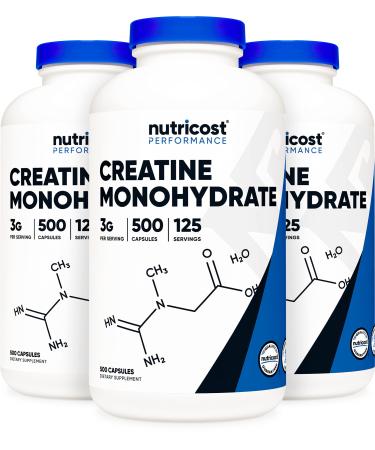 Nutricost Creatine Monohydrate 3000mg (750mg Per Cap), 500 Capsules (3 Bottles) 3 Bottles (Best Deal)