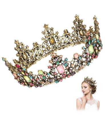 Number-one Baroque Queen Crown Colorful Rhinestone Wedding Crowns and Tiaras for Women Girls, Vintage Birthday Tiara, Costume Party Hair Accessories for Wedding Birthday Pageant Cosplay Party (Bronze)