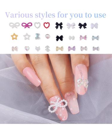 3D Nail Charms 2 Boxes Multi-Shape Black White Aurora Bows Heart Nail Art Charms Nail Pearls Bowknot Stars Shell Nail Rhinestones Gems for Nail Art Decoration DIY Crafts (E) - Buy Online on GoSupps.com