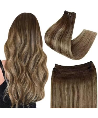 Easyouth Balayage Weft Hair Extensions Real Hair Ombre Brown to Blonde Weft Human Hair Extensions 12 Inch 70g Sew in Hair Extensions Short 12 Inch/30cm 3-Weft #4/27/4