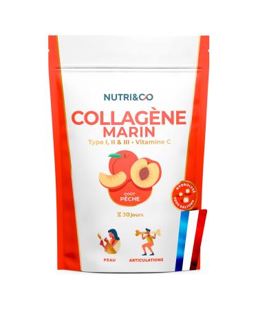 NUTRI & CO Marine Collagen Types 1 2 3 + Vit C - Skin & Joints - 5500mg of Hydrolyzed Collagen Patented by Serving - Peptides Powder Peach Flavor 180g - Made in France