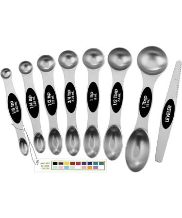 Spring Chef Magnetic Measuring Spoons Set with Strong N45 Magnets, Heavy Duty Stainless Steel Metal, Fits in Most Kitchen Spice Jars for Baking & Cooking, BPA Free, Black, Set of 8 with Leveler