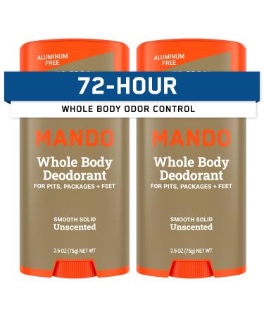 Mando Whole Body Deodorant For Men - Smooth Solid Stick - 72 Hour Odor Control - Aluminum Free Baking Soda Free Skin Safe - 2.6 Ounce (Pack of 2) - Unscented Unscented 2.6 Ounce (Pack of 2)