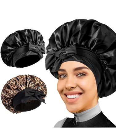 Satin Bonnet for Black Women - Large Silk Bonnet for Braids - Ideal for Sleeping - Stretchy Tie Band - Black & Leopard - Buy Online on GoSupps.com