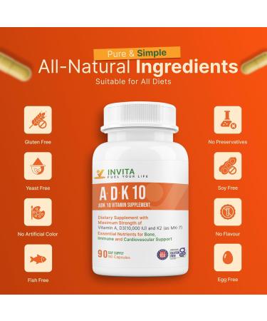 INVITA ADK 10 Vitamin Supplement 90 Capsules High Potency of Vitamin A D3 10 000 IU & K2-MK7 Physician Formulated ADK for Bone Heart & Immune Support Non-GMO Gluten Free (3-Month Supply) - Buy Online on GoSupps.com