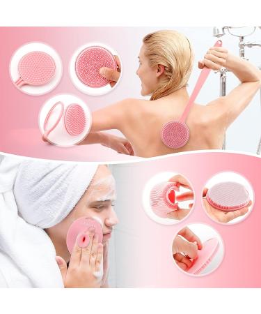 Long Handled Pink Silicone Body Scrubber for Women - Double Sided Scrub Brush with Hook - Buy Online on GoSupps.com