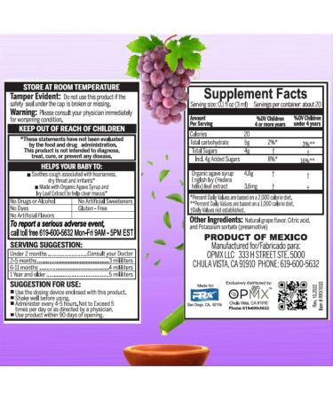 Organic Baby Formula Cough Syrup & Mucus Relief for Infants 2+ Months - Grape Flavor with Agave & Ivy Leaf Extract - 2 fl oz - Buy Online on GoSupps.com