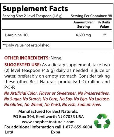 Best Naturals L-Arginine Powder 1lb - Pharmaceutical Grade Free Form - Amino Acid Supplement for Cardiovascular Health - Promotes Circulation - Buy Online on GoSupps.com