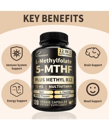 L Methylfolate 15mg Plus Methyl B12 - Methylated Vitamin B9 (5-MTHF) Supplement for Brain Health Mood & Energy- High Absorption 12-IN-1 Methyl Folate - Third-Party Tested (120 Vegan Capsules) Unflavored 120 Count (Pack of 1) - Buy Online on GoSupps.com