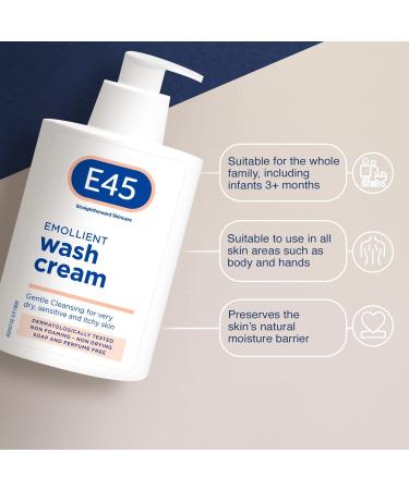 E45 250ml Cream Body Wash - Dermatological Emollient for Dry, Itchy Skin - Soap Free Shower Cream for Women & Men - Buy Online on GoSupps.com