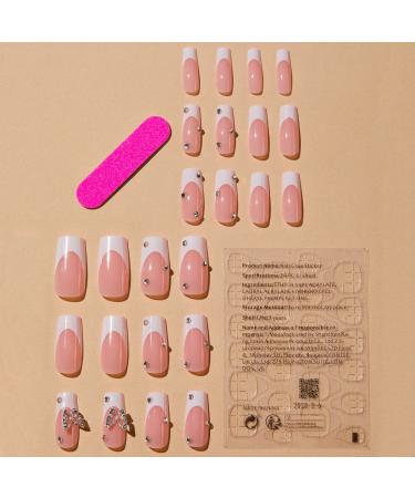 24Pcs Pink Rhinestone Square Long Press on Nails with Butterfly Charm - Glossy Acrylic Fake Nails for Women and Girls - Buy Online on GoSupps.com