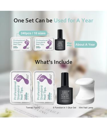 X&D Fake Toe Nail Kit - 240pcs Clear Full Cover Toenail Tips with Nail Glue Gel - DIY Manicure Set - Buy Online on GoSupps.com