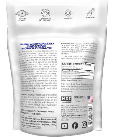 MRI Performance Creatine Monohydrate Powder - 100% Pure Micronized Creatine for Muscle Growth Strength & Endurance | 300g 60 Servings Unflavored - Buy Online on GoSupps.com