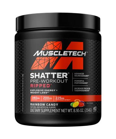 MuscleTech Pre Workout + Weight Loss Shatter Ripped Pre-Workout | Pre Workout for Men & Women | PreWorkout Energy Powder Drink Mix | Energy + Weight Loss Formula | Rainbow Candy (40 Servings) 40 Servings (Pack of 1) Rainbow Fruit Candy