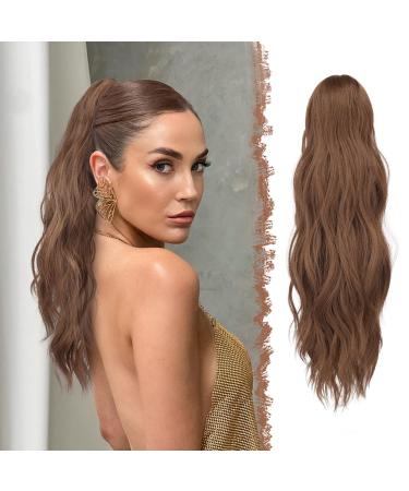 FESHFEN Ponytail Extensions Long Claw Clip in Ponytail Hairpiece Synthetic Light Brown Pony Tails Hair Piece Ponytail with Claw Clip Natural Wavy Hairpieces for Women 20 inch