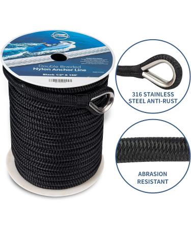1/2-Inch x 100-Feet Black Double Braided Nylon Anchor Line with Stainless Thimble - Buy Online on GoSupps.com