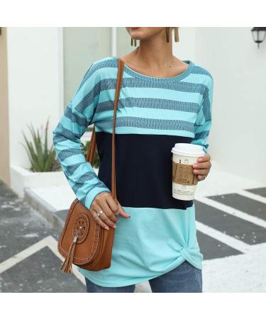 Bigfanshu in Women's Clothing Fashion O-Neck Stripe Splicing Long Sleeve Tie Sweater Casual Blouse Tops Blue - Buy Online on GoSupps.com