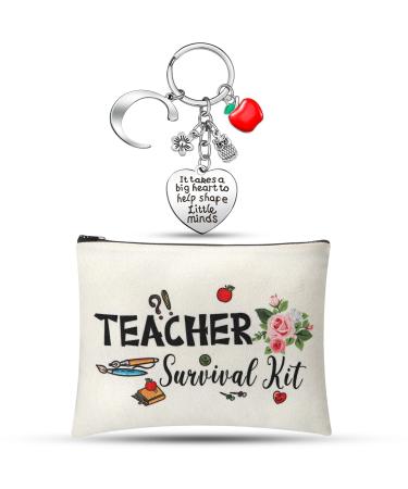 Teacher Appreciation Gifts Set Teacher Keychain with Initial, Thank You Teacher Kit Makeup Pouch Bag Set for Teachers (C Style)