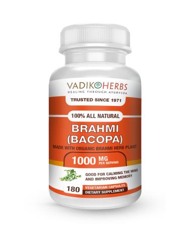 Vadik Herbs Brahmi Capsules -180 Count - 1000mg - Nootropic (Bacopa monniera) | Certified Organic | Naturally Strengthens and Boosts Immunity and Memory | Non GMO - Gluten Free