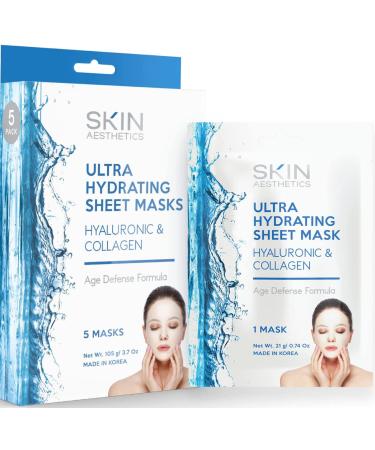 Skin Aesthetics Hyaluronic & Collagen Sheet Face Mask - Skin Firming & Anti-Aging  Moisturizes & Plumps Skin  Ultra Hydrating Sheet Mask - Cruelty Free Korean Skincare For All Skin Types - 5 Masks