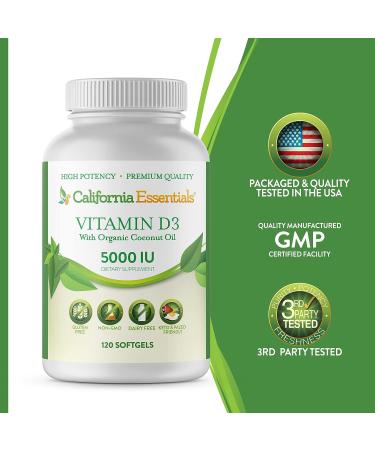 California Essentials Vitamin D3 5000 IU | Bone & Immune Support | High Potency Organic Coconut Oil | 120 Softgels - Buy Online on GoSupps.com