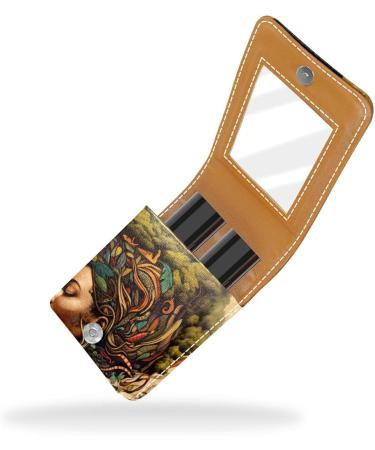 Travel Lipstick Organizer Case - Portable Makeup Bag with Mirror | African Woman Abstract Plant Pattern - Buy Online on GoSupps.com