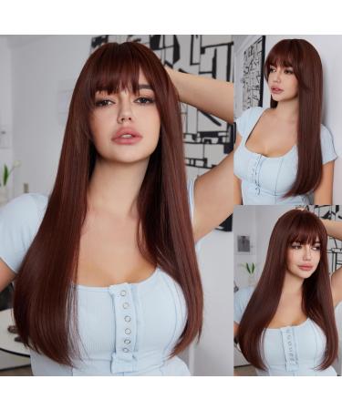 HAIRCUBE Long Reddish Brown Wigs for Women with Highlights Straight Wigs with Bangs for Everyday Reddish Brown with Highlights