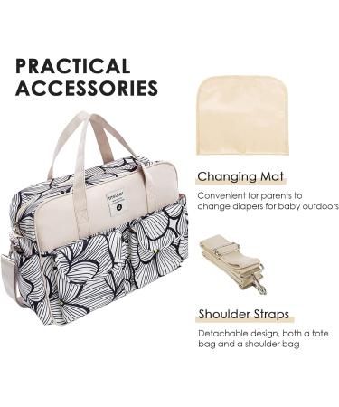 SONARIN Large Capacity Waterproof Baby Changing Tote Bag - Multi-Function Satchel Messenger Bag with Shoulder Strap & Changing Mat, Black & White Petals - Buy Online on GoSupps.com