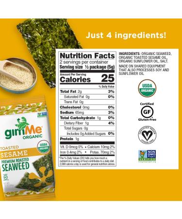 gimMe Organic Toasted Sesame Seaweed Sheets - 12 Count - Keto, Vegan, Gluten-Free Snack - High in Iodine & Omega 3's - Buy Online on GoSupps.com