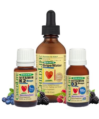 ChildLife Essentials Organic Baby Bundle - Vitamin D3 Natural Berry Liquid, Vitamin K2 Natural Berry Liquid, Gripe Water - USDA Certified Organic, Natural Relief - for Babies & Infants
