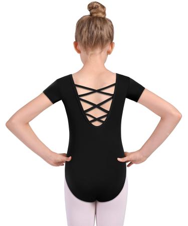 MOLLDAN Girls Dance Ballet Leotards Short Sleeve Criss Cross Straps Back Black 8-10 Years