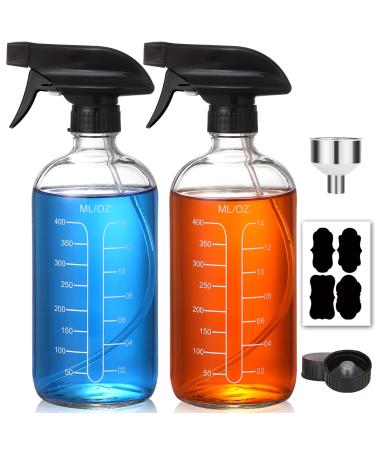 AOZITA 16oz Clear Glass Spray Bottles with Measurements - Empty Reusable Refillable Container with Funnel and Labels for Mixing Essential Oils Homemade Cleaning Products (2 Pack)