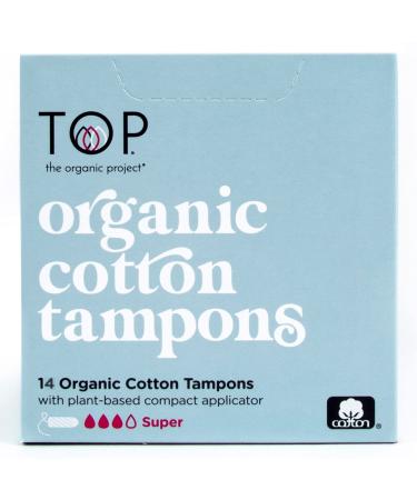 TOP the Organic Project: 100% Organic Cotton Tampons w/Plant Based Applicator ~Comfort & Feel of Plastic | (Unscented, Dye & Chemical Free. Eco-Conscious & Superior Leak Protection), Super, 14 Count 14 Count (Pack of 1)