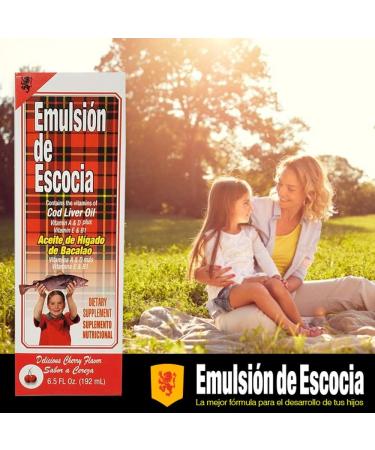 Emulsion de Escocia Cod Liver Oil Dietary Supplement. Rich in Vitamins A D E and B1. Cherry Flavoured. 6.5 Fl Oz / 192 mL. Pack of 3 - Buy Online on GoSupps.com