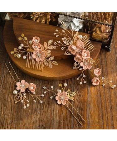 4-Piece Gold Wedding Hair Combs - Pearl & Rhinestone Bridal Hair Accessories for Brides & Bridesmaids - Pink - Buy Online on GoSupps.com