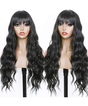 FUGADY Black Wavy Wig with Bangs | Long Synthetic Body Wave Wig - Heat Resistant & Affordable | Ideal for Cosplay - 24 Inches - Buy Online on GoSupps.com