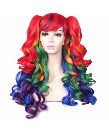 ColorGround Long Curly Cosplay Wig with 2 Ponytails(Rainbow Color)