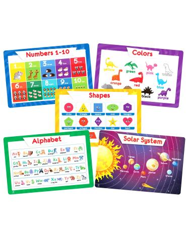 Simply Magic 5 Placemats for Kids - Kids Placemats Non Slip  Washable Reusable Toddler Placemats  Educational Placemats: Alphabet ABC  Shapes  Colors  Numbers  Solar System  Plastic Placemats for Kids