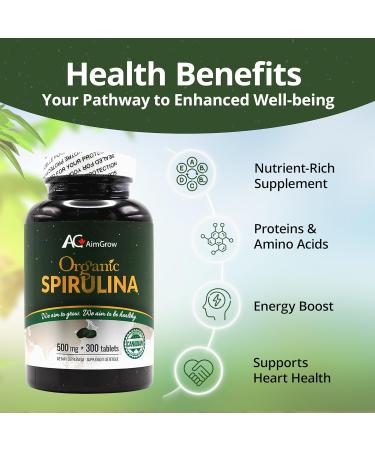 Aimgrow Organic Spirulina Tablets Nutrient-Rich Spirulina for Eye and Skin Health Canada Organic Non-GMO and Gluten-Free 500mg 300 Tablets - Buy Online on GoSupps.com