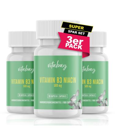 Vitabay vitamin B3 Niacin |500 mg x 270 vegan capsules (3 Set) |High dose |Flush free |Laboratory test & made from high -quality raw materials 90 pieces (3 -pack) vitamin B3