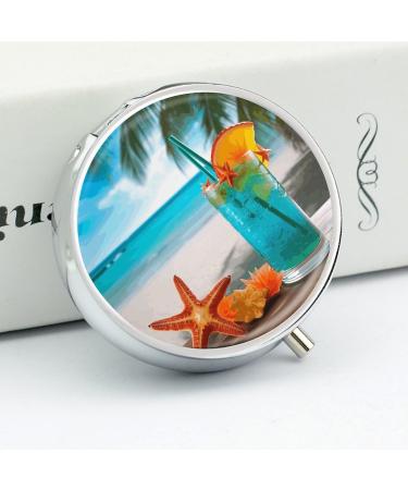 Round Pill Box Tropical Cocktail | 3 Compartment Metal Pill Organizer with Starfish Print | Portable Decorative Pocket Case - Style 21 - Buy Online on GoSupps.com