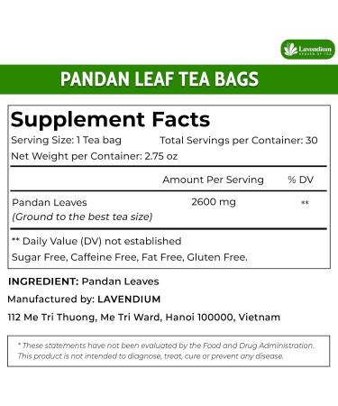Lavendium Premium 30 Pandan Leaf Tea Bags 100% Natural & Pure from Pandan Leaves. Loose Leaf Pandan Herbal Tea. Made with Natural Material Tea Bags. No Sugar No Caffeine No Gluten Vegan. - Buy Online on GoSupps.com