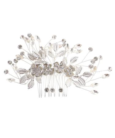 Housoutil Bridal Hair Comb Hair Comb Flower Decor Pearl Headpiece Leaf Decor Rhinestone Trim Rhinestone Decor Hairbrushes for Woman Bridal Comb Tiara Bride Headdress Fine Alloy Pin
