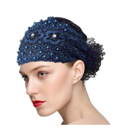 Lace Headbands for Girls | Wide Floral Pearl Lace Headbands Boho Elegant Wide Headwrap Hair Pearl Accessories Lace Hairbands Headwrap for Girls Teens Navy Blue