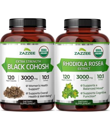 Zazzee Organic Rhodiola Rosea and Organic Black Cohosh Capsules | Rhodiola Plus Black Cohosh for Menopause Hot Flashes Night Sweats & Mood Support | Menopause Support Bundle