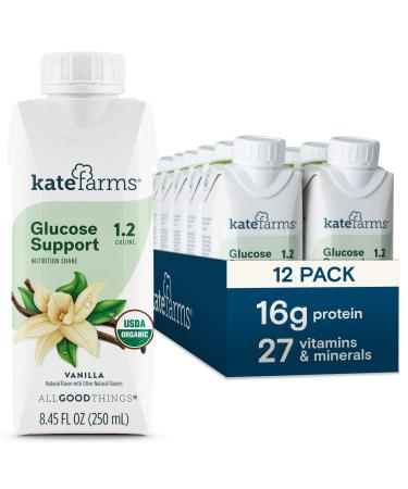 KATE FARMS Organic Vegan Plant Based 1.2 Glucose Support Shake, Vanilla, 16g of Protein, 27 Vitamins and Minerals, Diabetic Nutrition Meal Replacement Drink, Gluten Free and Non-GMO 8.45 Fl oz (Pack of 12)