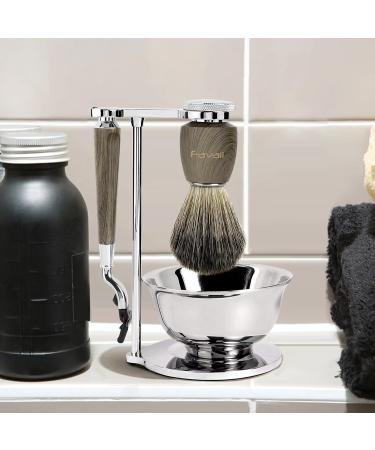 Favali Razor Set - 4 in 1 Stainless Steel Shaving Brush Holder & Wet Razor for Men | Ash Handle Compatible with Mach 3 - Buy Online on GoSupps.com