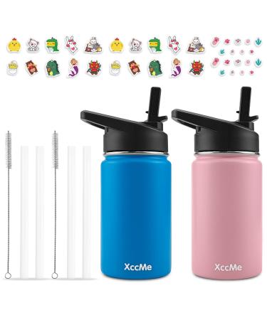 XccMe 12oz Kids Water Bottle with Straw 2Pack kids Water Bottle Stainless Steel Insulated Water Bottle for Kids with Straw Brush 20pcs Personalize Stickers water bottle for school(Blue Pink) Pink+Blue 2PACK
